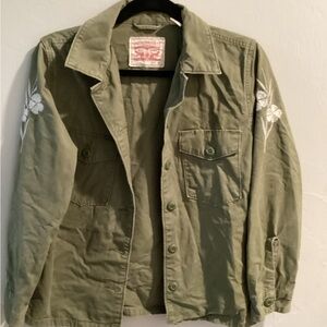 Olive Green Military Field Jacket with White Sleeve Embroidery